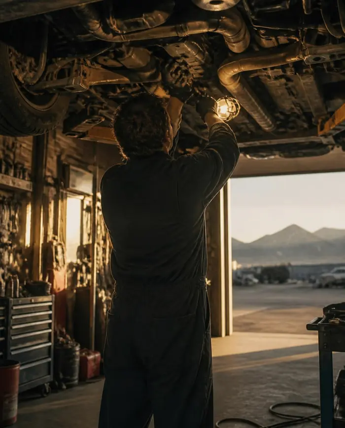 A mechanic working under a car on a lift, work light glowing.