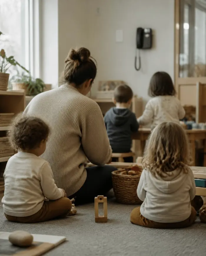 A caregiver from behind kneeling with small children in a daycare room.